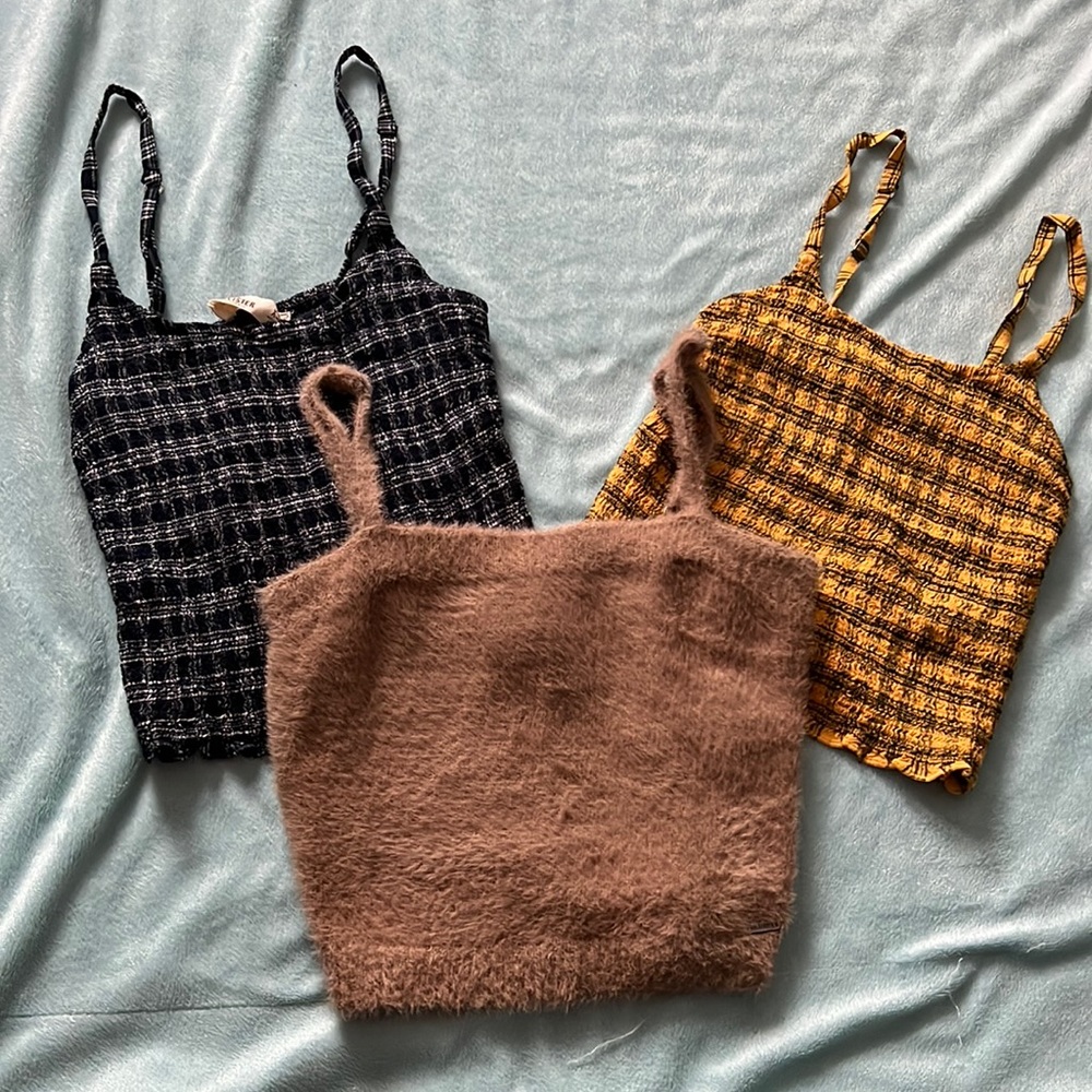 Three Hollister crop tops with adjustable straps